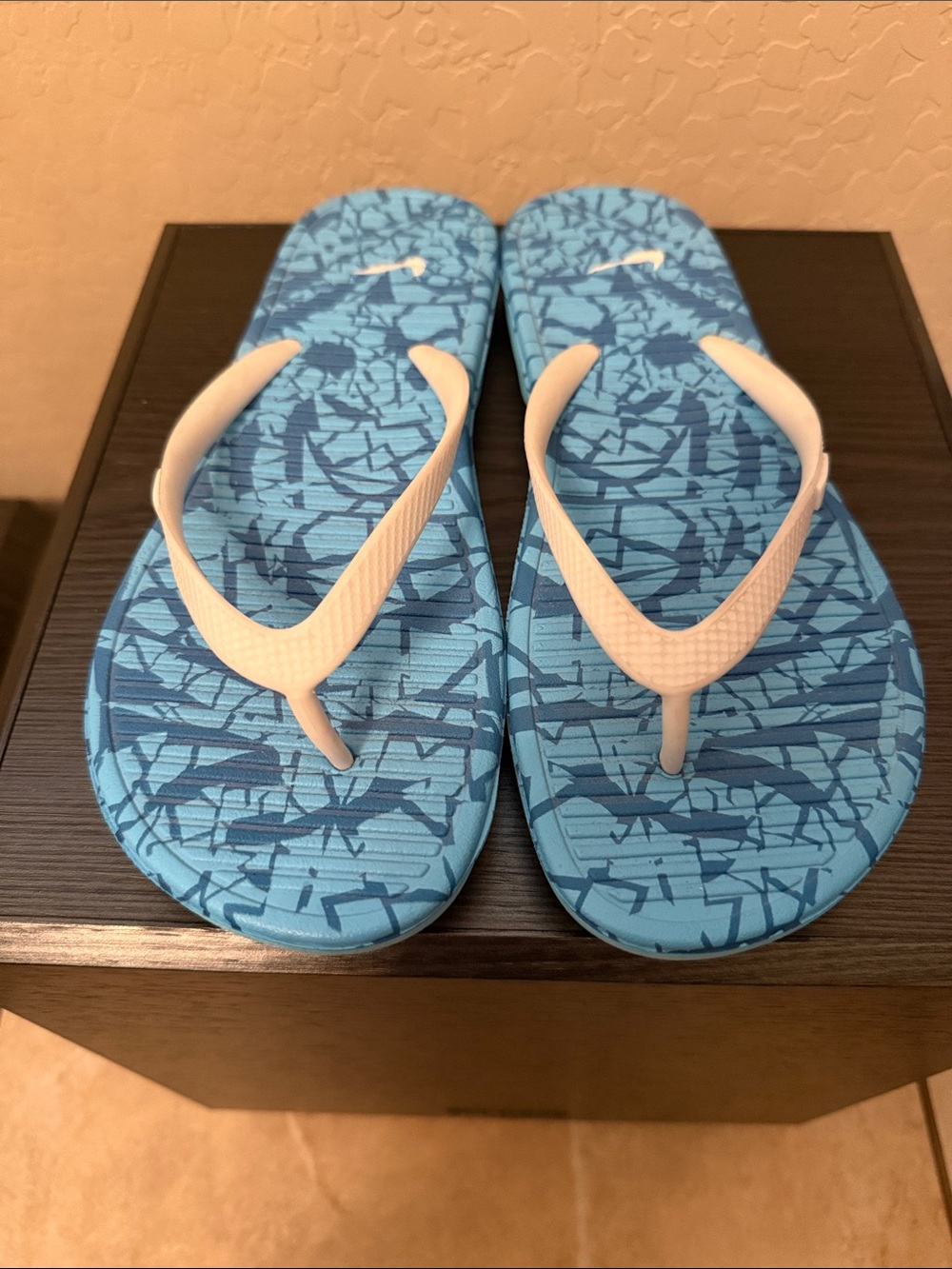 Nike Blue Patterned Flip Flop Sandals with White Straps